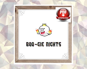 Mario and Luigi's Boo-Gie Nights Halloween Cross Stitch Pattern - Instant Download PDF, King Boo, 8-bit, video game, nerdy, cute