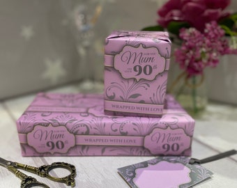 Mum 90th Gift wrapping paper, 1 x 500 x 700 sheet with 1 matching tag pink vintage birthday