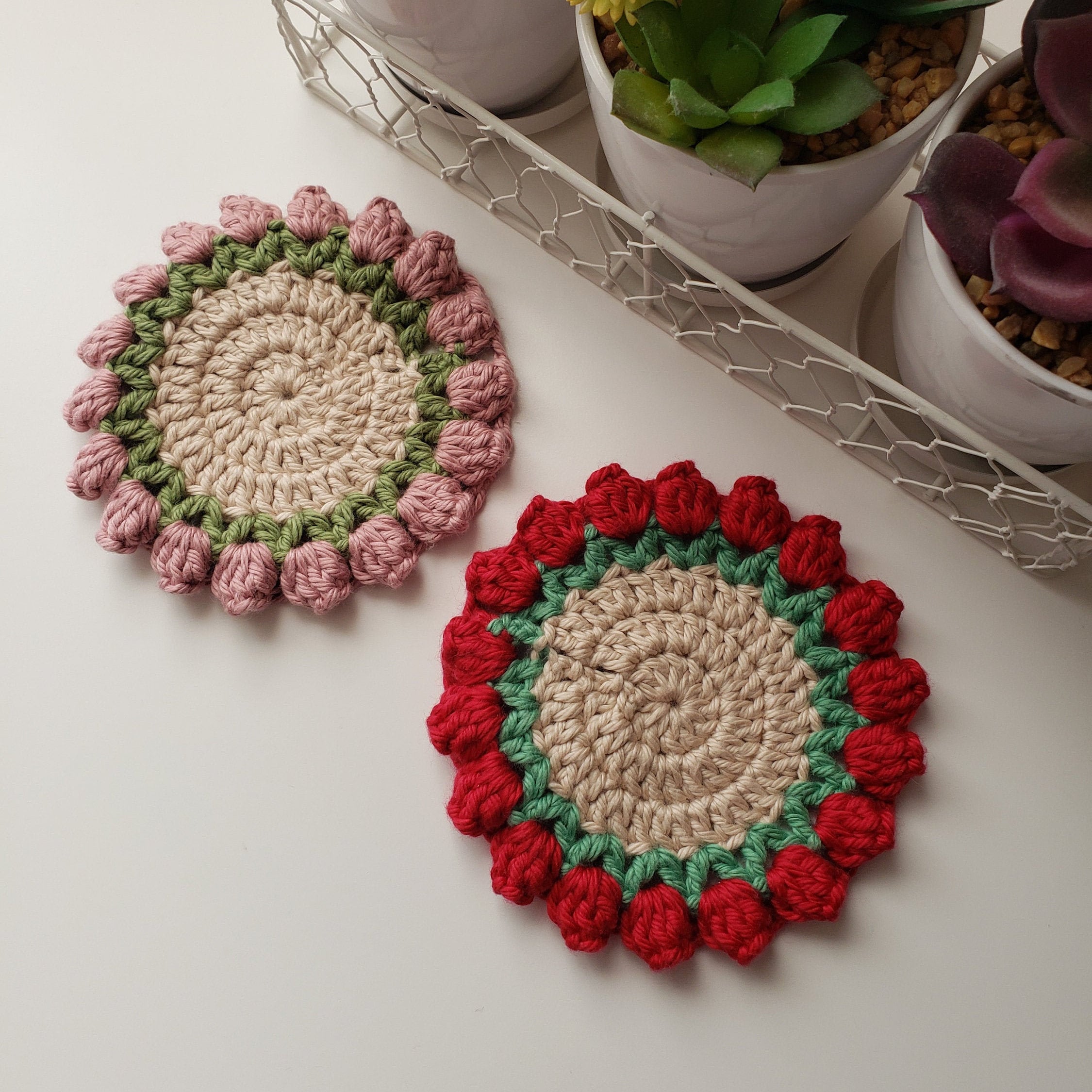 Tulip Coaster Set Crocheted Flower Coasters Red Tulip Etsy