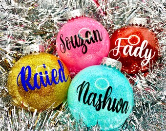 Glitter Ornaments, Personalized, Custom, Customized, Name Ornament, Monogram, Family, Ornament Sets, Colorful, Holidays, Christmas