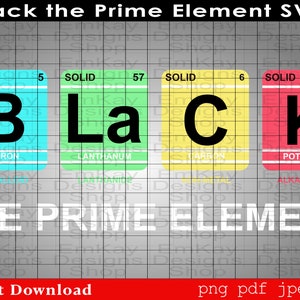May include: A digital illustration of the periodic table elements for Boron, Lanthanum, Carbon, and Potassium, spelling out the word "Black". The text "The Prime Element" is below the elements. The background is a gray grid.