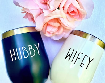 Hubby Wifey Personalized Wine Tumbler, Mr Mrs, 12 oz, Couple Gifts, Birthday, Wine Tumbler with Lid, Wedding, Custom, Love, Couple