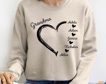 Custom Grandma Sweatshirt, Grandma Heart Sweat, Grandkids Name Shirt, Gift For Grandma, Nana Crewneck, Grandma Hoodie, Grandma long sleeves