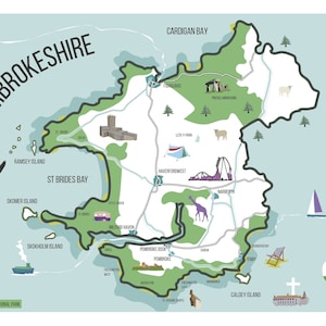 Mapa de Pembrokeshire, pôster de parede com impressão artística no sudoeste do País de Gales. O mapa inclui Tenby, Pembroke, St Davids e Saundersfoot.