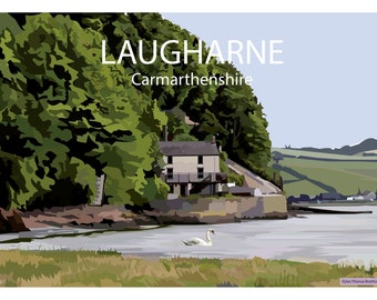 Laugharne travel art print poster of Dylan Thomas' Boathouse Carmarthenshire South West Wales by Ed Lewis Art and Design