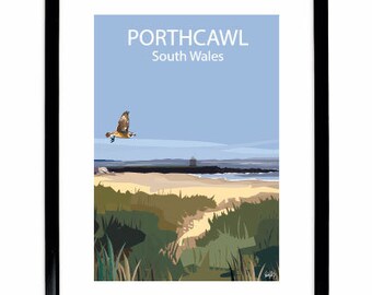 Porthcawl Sandy Bay (Coney Beach), travel wall art poster print (Porthcawl, South Wales). Hand drawn  by Ed Lewis Art and Design