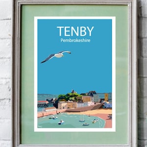 Gorgeous Tenby Art Print Wall Art Print Poster (South West Wales, Pembrokeshire). Travel. Hand drawn by Ed Lewis Art and Design
