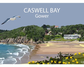 Caswell Bay art print Gower travel wall poster (Gower, South Wales). Hand drawn  by Ed Lewis Art and Design