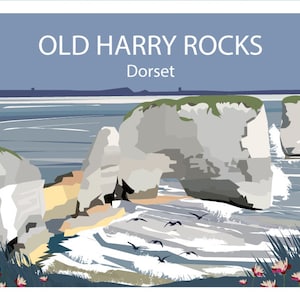 Old Harry Rocks Dorset travel wall art print poster. Hand drawn  by Ed Lewis Art and Design