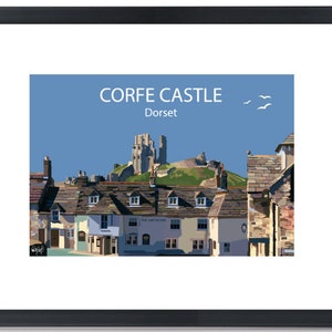 Corfe Castle  Art Print Dorset travel wall poster. Hand drawn  by Ed Lewis Art and Design