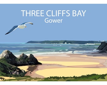 Three Cliffs Bay Art Print Gower Swansea travel wall poster (Swansea Bay South Wales). Hand drawn  by Ed Lewis Art and Design
