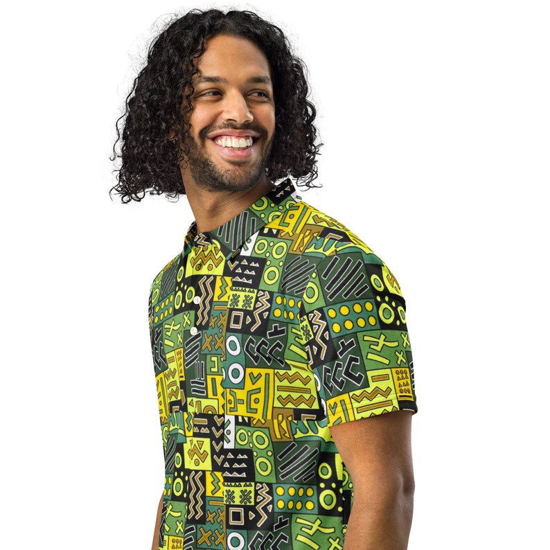 Men’s slim fit polo, African Printed, Green/Multi