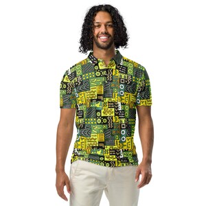Men’s slim fit polo, African Printed, Green/Multi