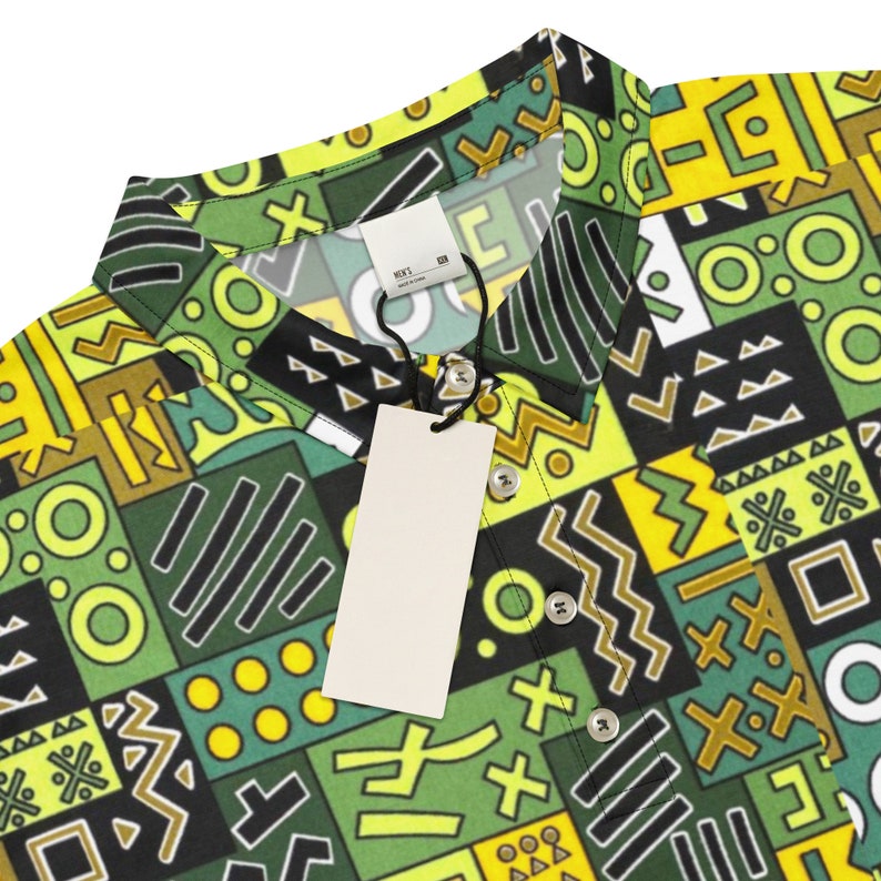 Men’s slim fit polo, African Printed, Green/Multi