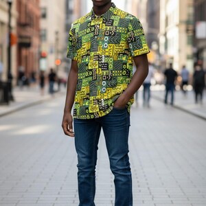 Men’s slim fit polo, African Printed, Green/Multi image 1