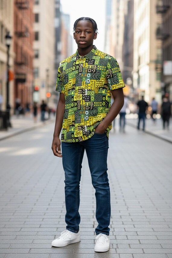 Men’s slim fit polo, African Printed, Green/Multi