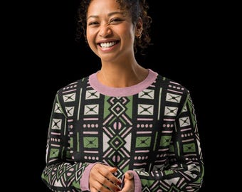 M-3XL Knitted Crew Neck sweater- African Print MudCloth Inspired Green And Pink Colors