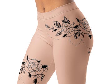 Rose Tattoo Print Leggings: Floral Yoga Pants, Microfiber Stretch Waistband