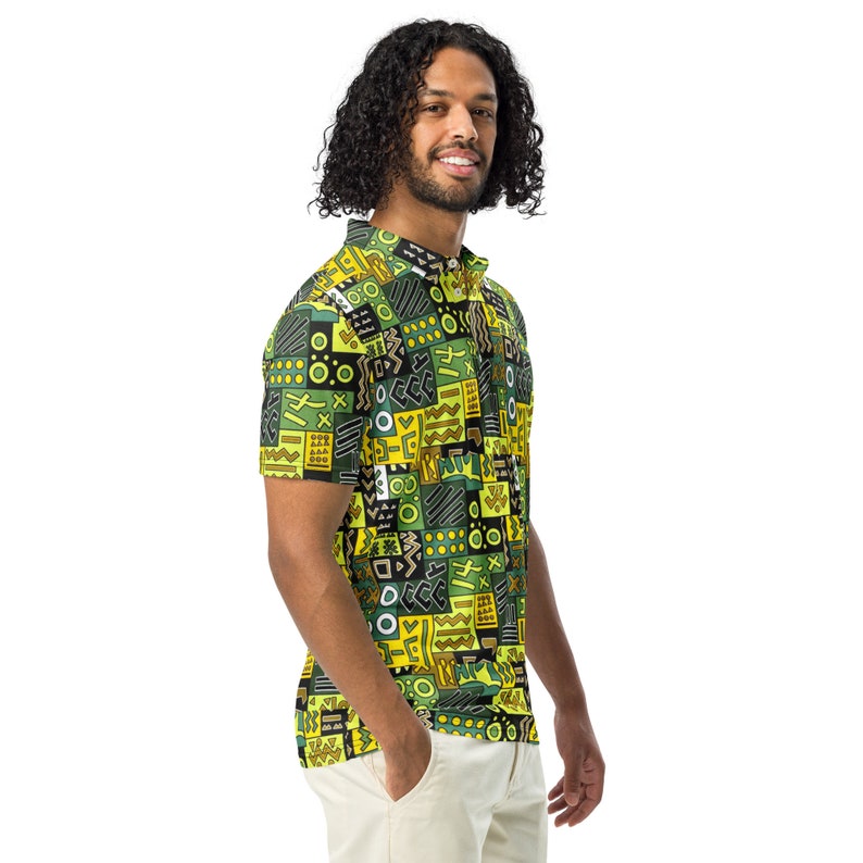 Men’s slim fit polo, African Printed, Green/Multi