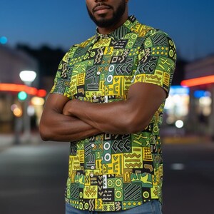 Men’s slim fit polo, African Printed, Green/Multi image 2