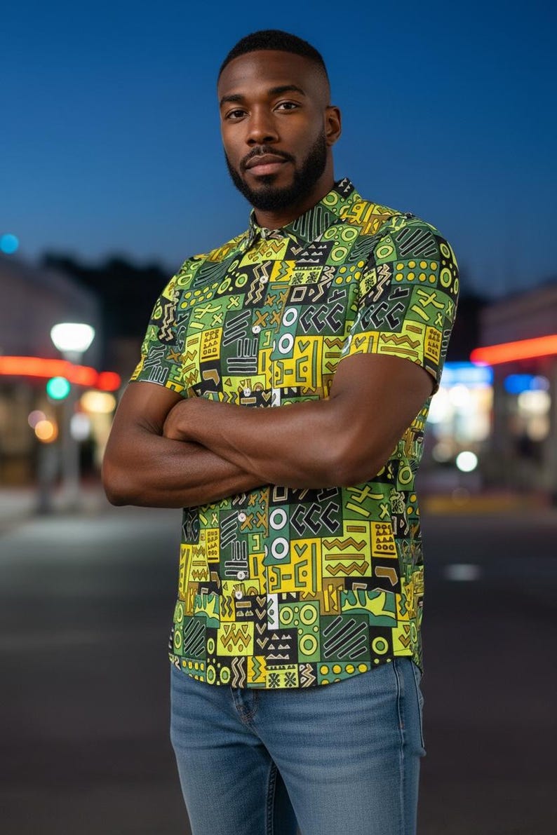 Men’s slim fit polo, African Printed, Green/Multi image 2