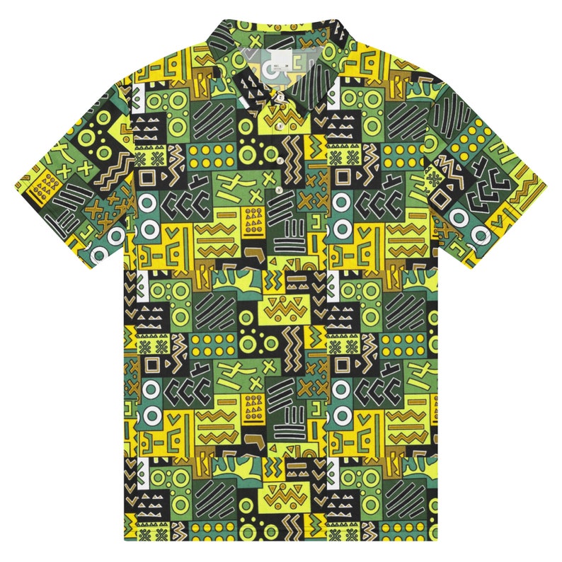 Men’s slim fit polo, African Printed, Green/Multi