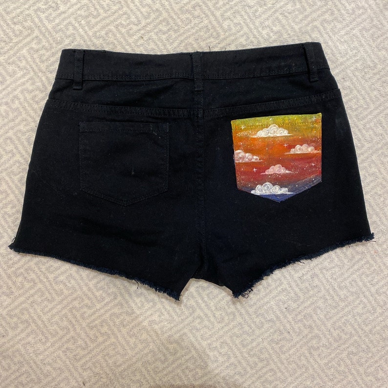 Hand-painted Sunset Large special price New Free Shipping pocket on black denim shorts