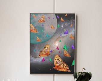 Butterflies in Space Surreal Collage Art Print Digital Download