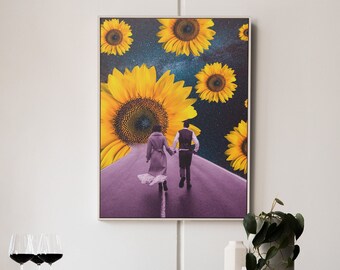 Sunflower Space Surrealism Collage Art Printable | Digital Download Art Print