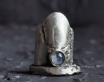 Fingertip Armor Moonstone Ring Sterling Silver – Oxidized Brutalist Gauntlet Ring