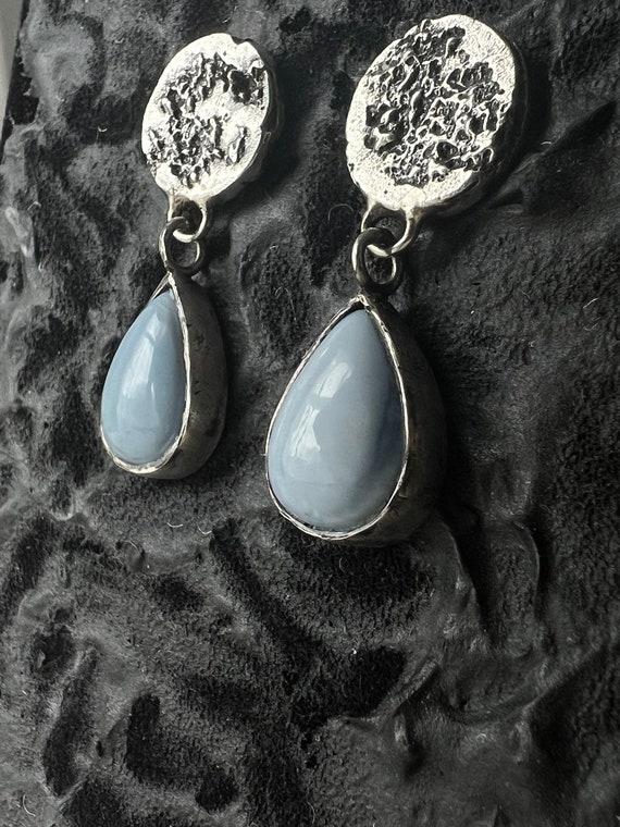 Handmade Blue Opal Dangle Earrings With Textured Oxidized Sterling Silver Etsy