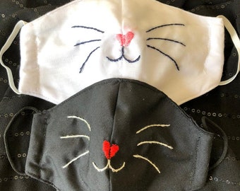 Cat face embroidered cute polycotton mask