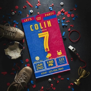 May include: A party invitation with a blue and red color scheme, featuring the name "COLIN" and the number "7". The invitation includes details for a match day, kick-off time, and stadium location. Soccer balls, shoes, and confetti surround the invitation.