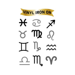 Símbolos del zodiaco Hierro en transferencia de vinilo Aries Leo Sagitario Tauro Virgo Capricornio Géminis Libra Acuario Cáncer Escorpio Piscis