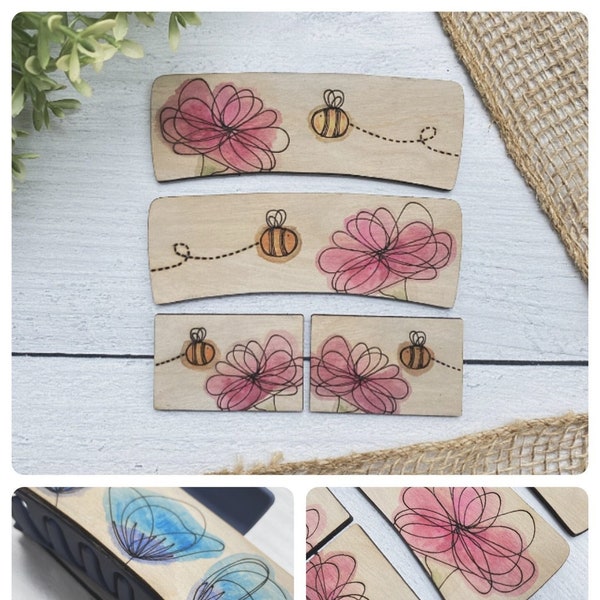 Free Motion Inspired Bee with Flower Hair Clips, 3 Sizes Included, Wood, Adult, Teen, Watercolor, Claw Clip, Score, Digital SVG File Only