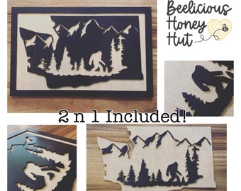 Bigfoot, Sasquatch, PNW Framed Sign, gift, Silhouette, Mountain, Trees, 2 n 1, Washington, Wall Hanging, Laser, SVG Digital File Template