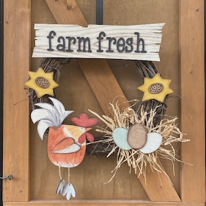 Chicken Themed Wreath Doorhanger, Interchangeable, Sunflower, Rooster, Farm Fresh, Egg, Grapevine, Country Decor, Prim Digital SVG File Only