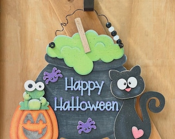 Feliz Halloween Caldero para colgar en la puerta, Gato negro, Rana, Calabaza de Halloween, Araña, Bordado falso, Otoño, Decoración de granja, Solo archivo digital SVG
