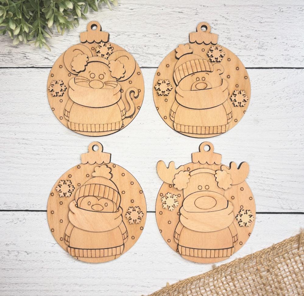 Bulky Sweater Ornament Set, Mouse, Bear, Moose, Penguin, Christmas, Snowflake, Paint Kit, Scrap Busters, Digital SVG File