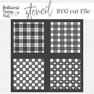 May include: A black stencil featuring four designs: a large black and white plaid, a black and white grid, a checkerboard, and a checkerboard with hearts. The word "stencil" is written in cursive. The text "SVG cut File" is also present.