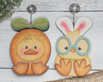 Juego de portatarjetas de pato y pollito, Pascua, zanahoria, conejito, verano, primavera, imagen, decoración de mesa, estante, kit de pintura, archivo SVG digital