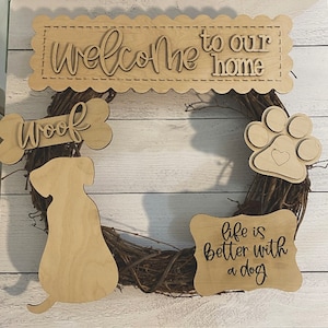 Dog Themed Wreath Doorhanger, Interchangeable, Welcome to our home, Pet, Bone, Woof, Paw, Summer, Grapevine, Decor, Digital SVG File Only