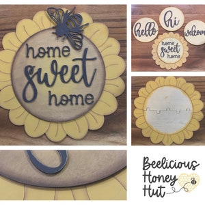 Sonnenblume Bee Home Sweet Türhänger oder Schild! Willkommen, Hallo, Hallo, Geschenkidee, Dekor, Laser, Glowforge, Holz, Vorlage Digitale SVG-DATEI