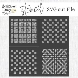 May include: Four black stencils with white woven patterns. The stencils are labeled "stencil" and "SVG cut File". The top left stencil has a tight weave, the top right has a checkerboard pattern, the bottom left has a similar checkerboard, and the bottom right has a dense weave.