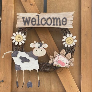 Cow Themed Wreath Doorhanger, Interchangeable, Daisy, Pig, Welcome, Dangle legs, Fence, Grapevine, Country Decor, Prim Digital SVG File Only