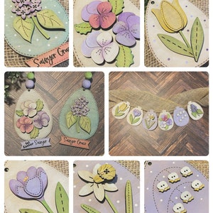 Oeufs de Pâques cousus main, guirlande perlée, étiquettes cadeaux, lilas, tulipe, pensée, crocus, muguet, jonquille, cadeau, fichier SVG numérique uniquement