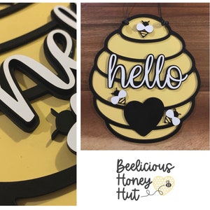 Hello Door Hanger or Sign! Gift Idea, Friendship, Decor, Bee, Hive, Welcome, Laser, Glowforge, Wood, Farmhouse Template Digital SVG FILE