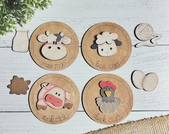 Farm Interchangeable 4 inch Round Set, Cow, Moo, Sheep, Baa, Pig, Oink, Hen, Cluck, Chicken, Faux Stitched, Farmhouse, Digital SVG File Only