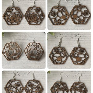 Bijenbloem zeshoekige oorbellen! Hangers, honing, roos, pioen, sleutelbloem, kosmos, dahlia, klaproos, cadeau, vriend, vakantie, laser, bundel alleen SVG-bestand