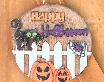 Happy Halloween Door Hanger, Black Cat, Spider, Web, Pumpkin, Jack O' Lantern, Fall, Farmhouse Decor, Gift, Digital SVG File Only